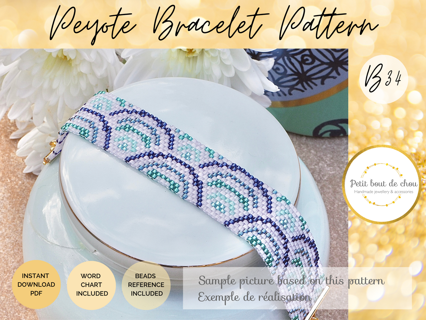 Diagramme PDF Tissage Miyuki Bracelet - Peyote Impair - Blue Japanese Waves
