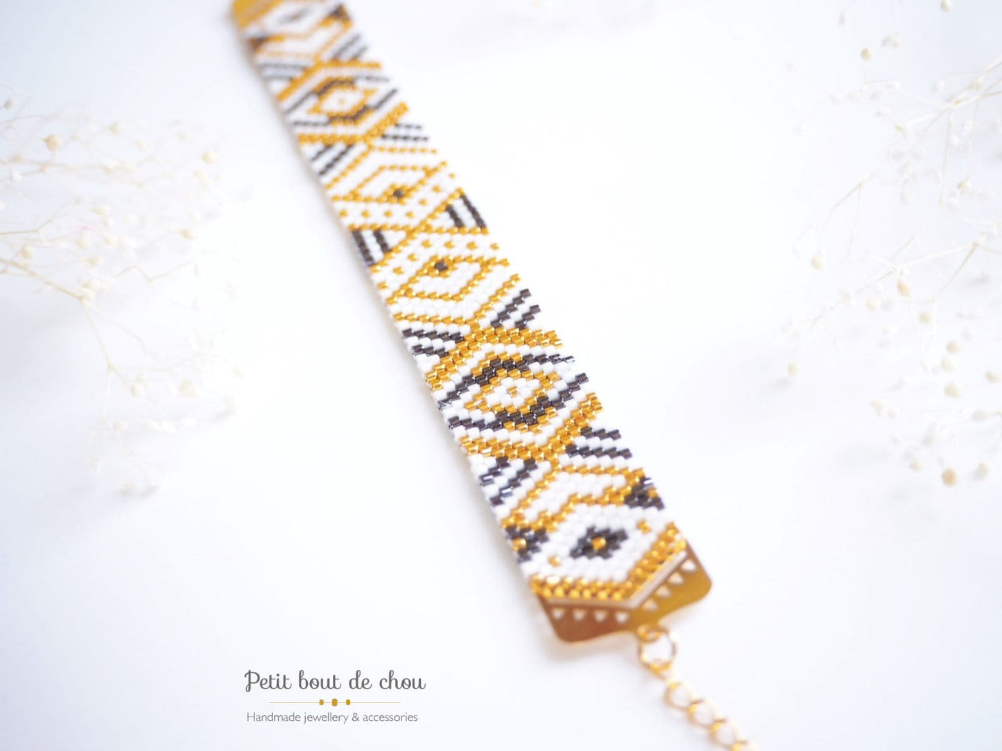 Grille Tissage Miyuki Bracelet - Peyote Impair - Géométrique or noir et blanc