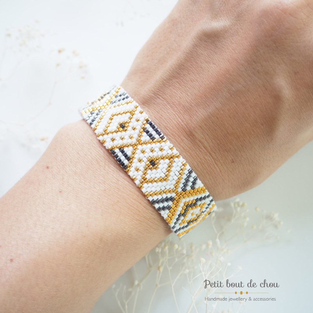 Grille Tissage Miyuki Bracelet - Peyote Impair - Géométrique or noir et blanc