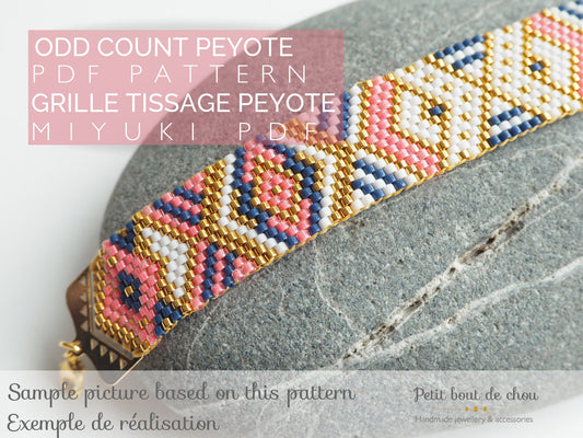 PDF Peyote Bracelet Pattern/Beading grid/odd count peyote bracelet/ Miyuki delica beads/miyuki pattern/geometric pattern/navy pink neon gold