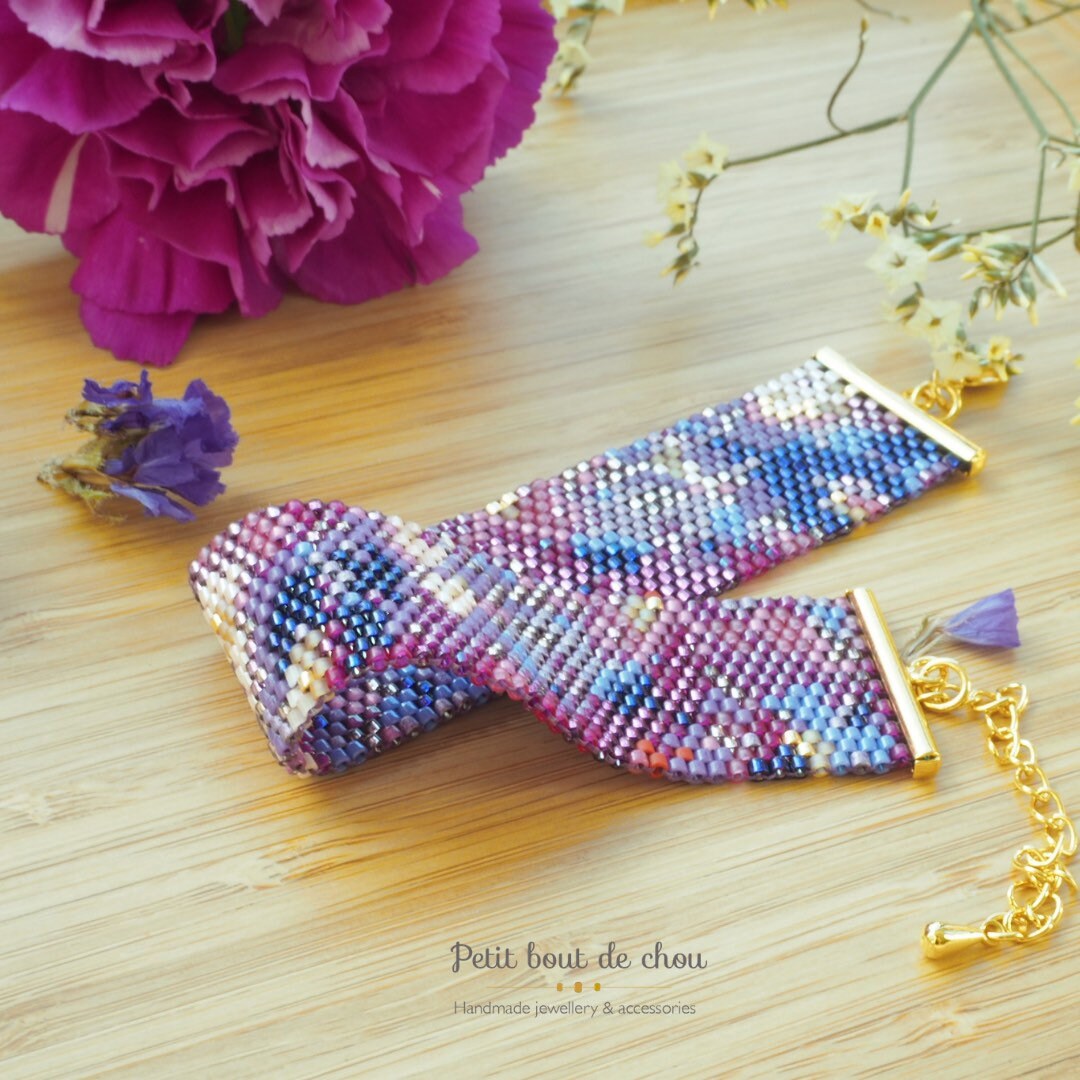 Grille Tissage Miyuki Bracelet - Peyote Impair - Art Abstrait Tons Violets