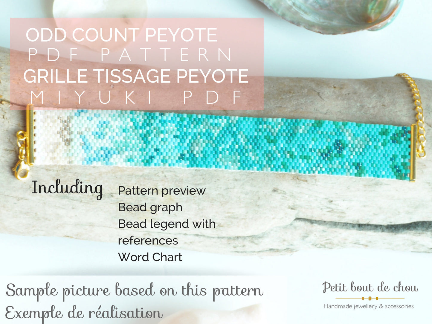Grille de tissage bracelet/peyote impair/diagramme miyuki/perles miyuki delicas/pdf à télécharger/motif tons turquoise mer des caraibes
