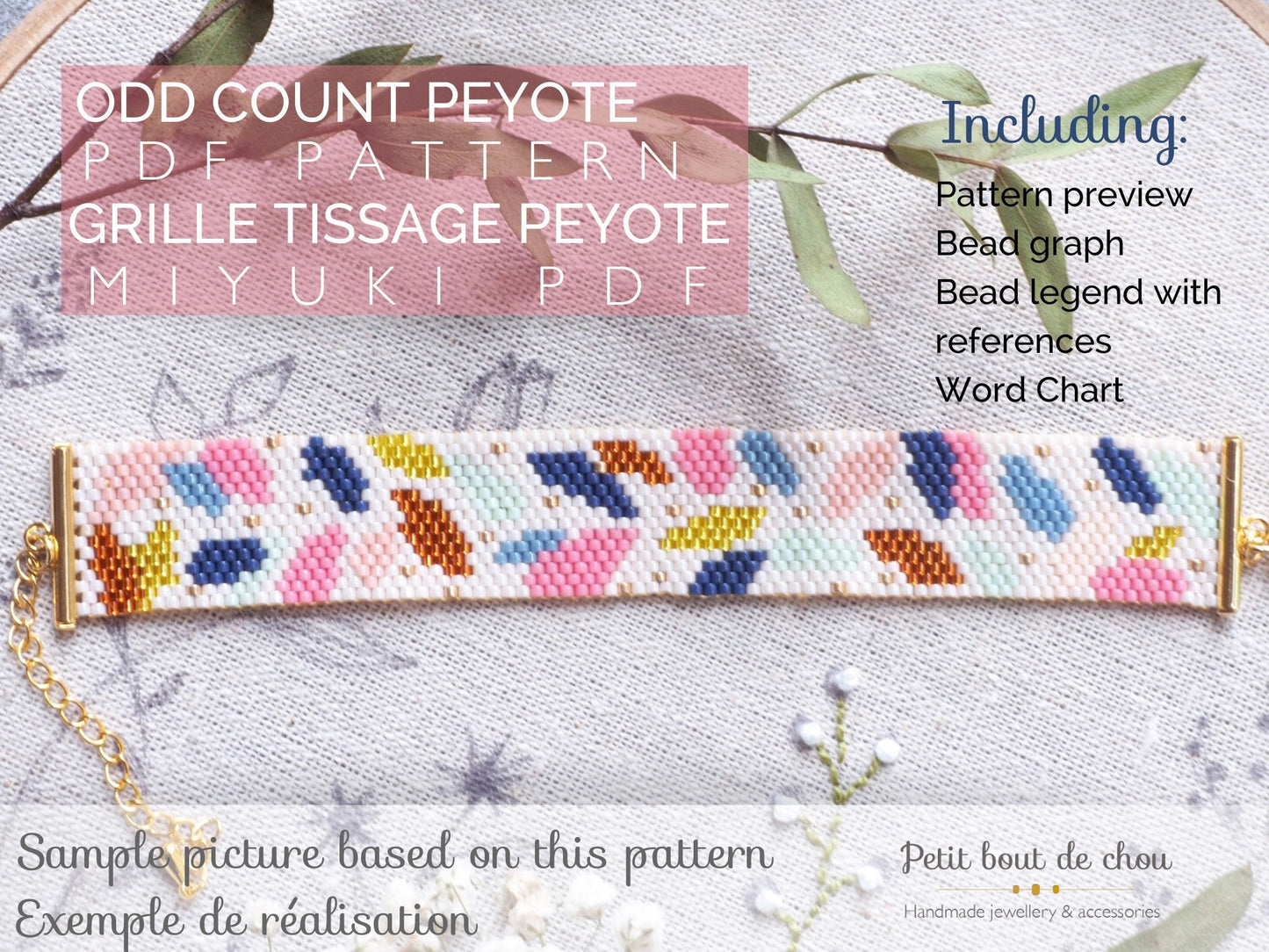 Grille Tissage Miyuki Bracelet - Peyote Impair - Feuilles Colorées