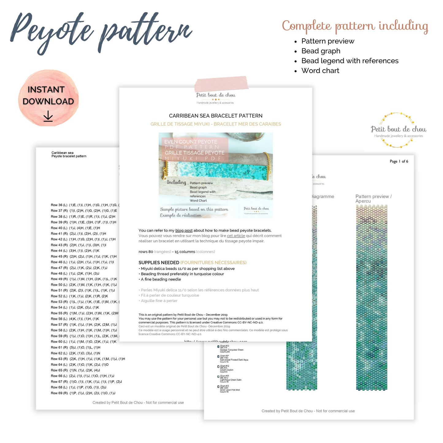 Grille de tissage bracelet/peyote impair/diagramme miyuki/perles miyuki delicas/pdf à télécharger/motif tons turquoise mer des caraibes