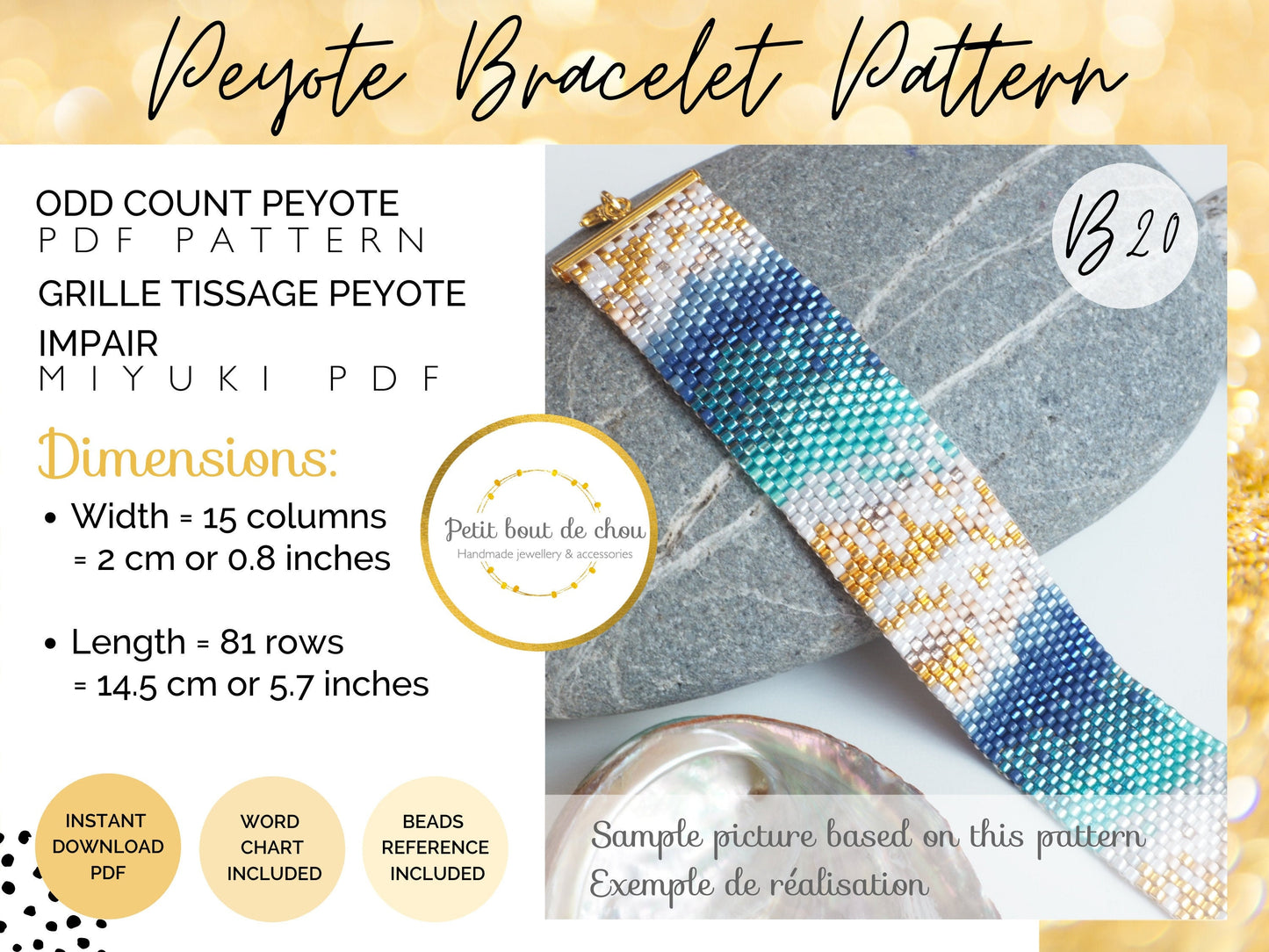 Grille de tissage Miyuki peyote impair - Art abstrait bleu canard et or