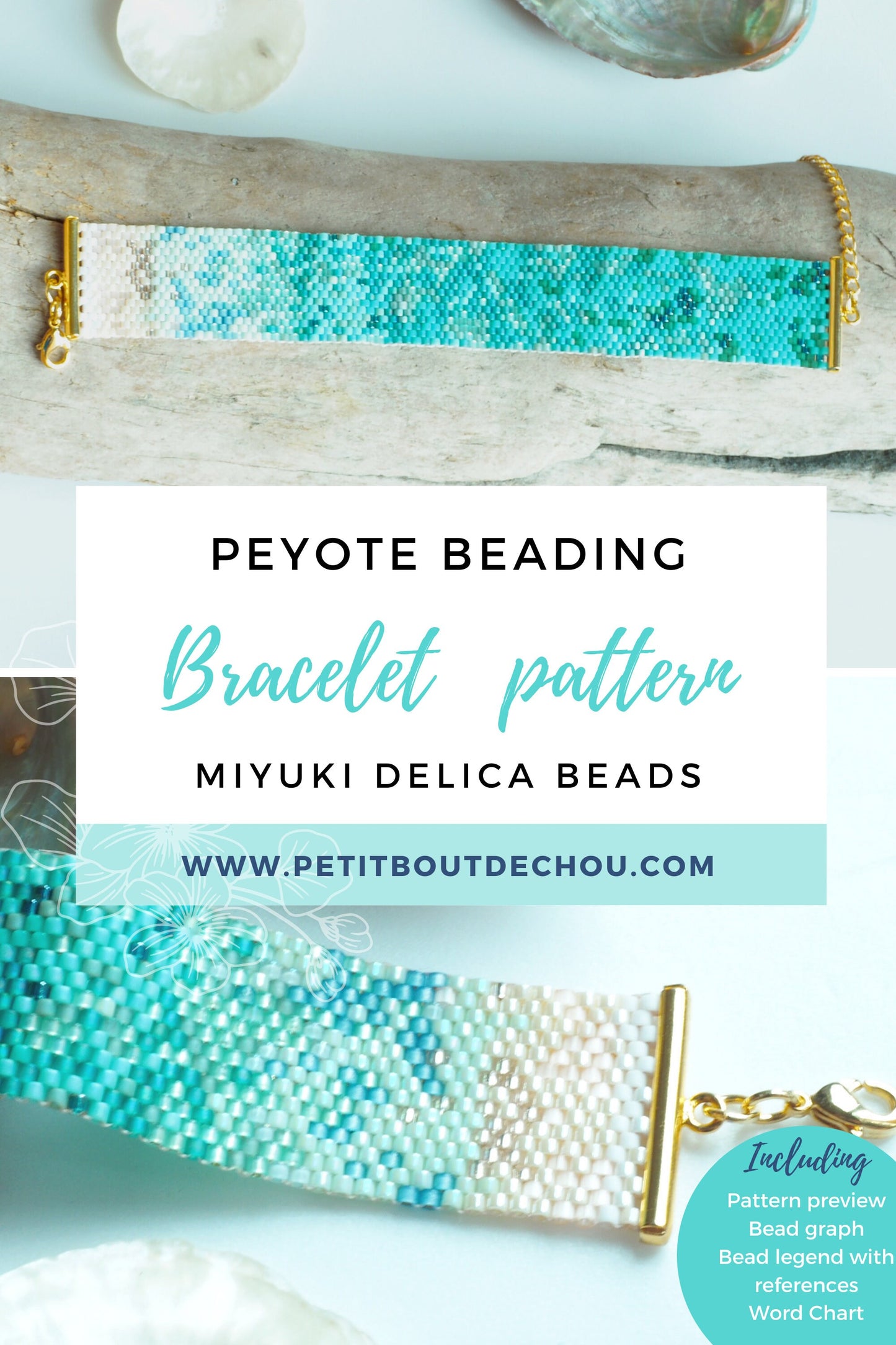 Grille de tissage bracelet/peyote impair/diagramme miyuki/perles miyuki delicas/pdf à télécharger/motif tons turquoise mer des caraibes