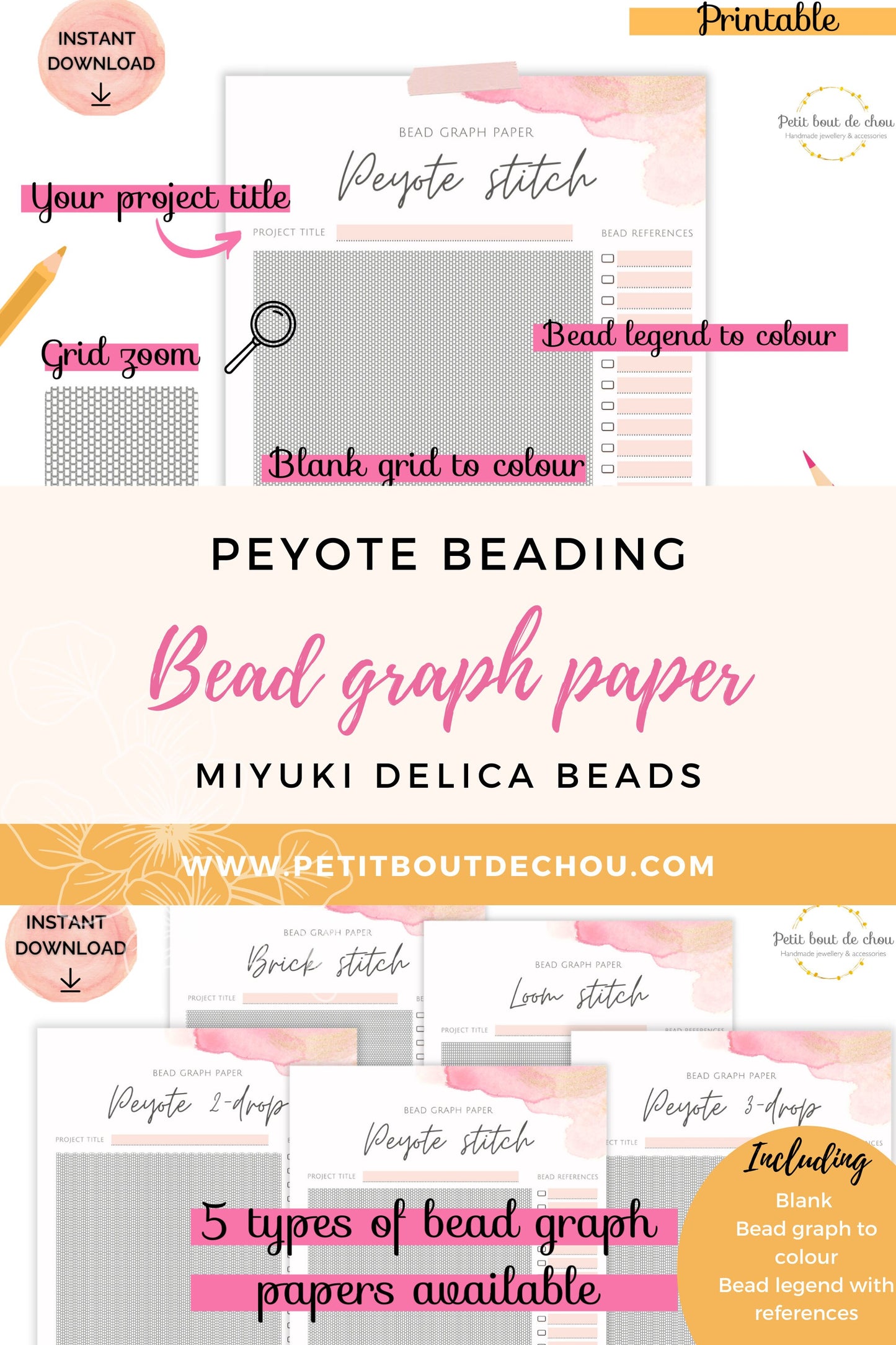 Peyote bead graph paper/miyuki graph paper/blank bead pattern/beading graph/beading chart/blank templates/printable graph/diagramme vierge