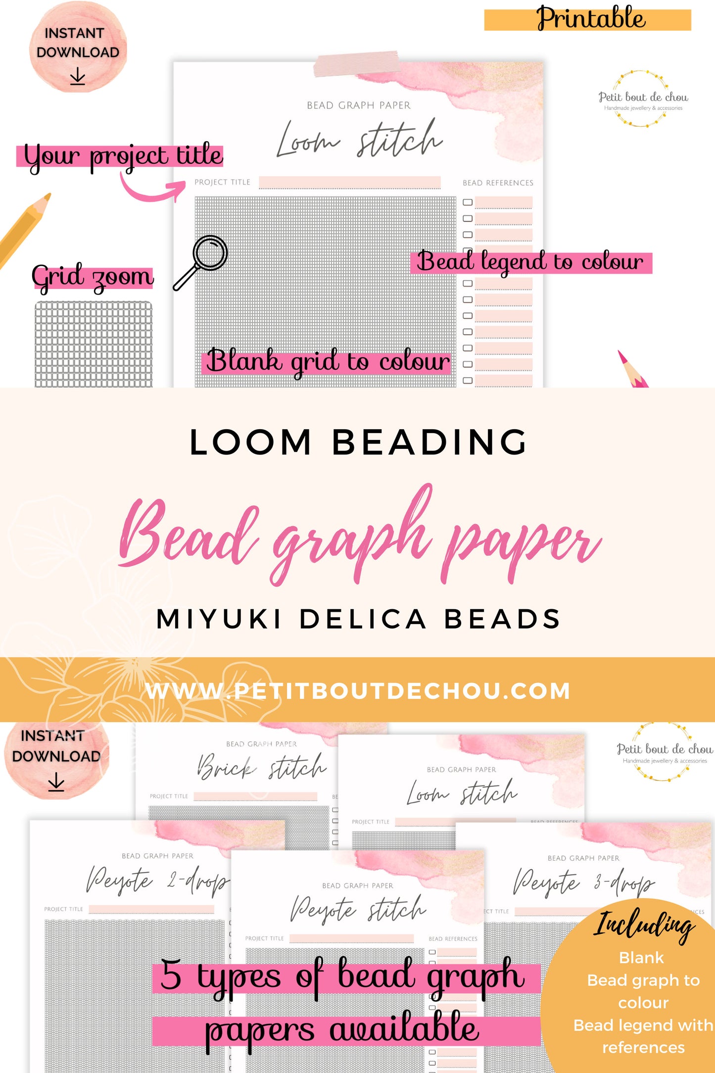 Loom square stitch bead graph paper/miyuki graph paper/blank bead pattern/beading graph/blank templates/printable graph/diagramme vierge