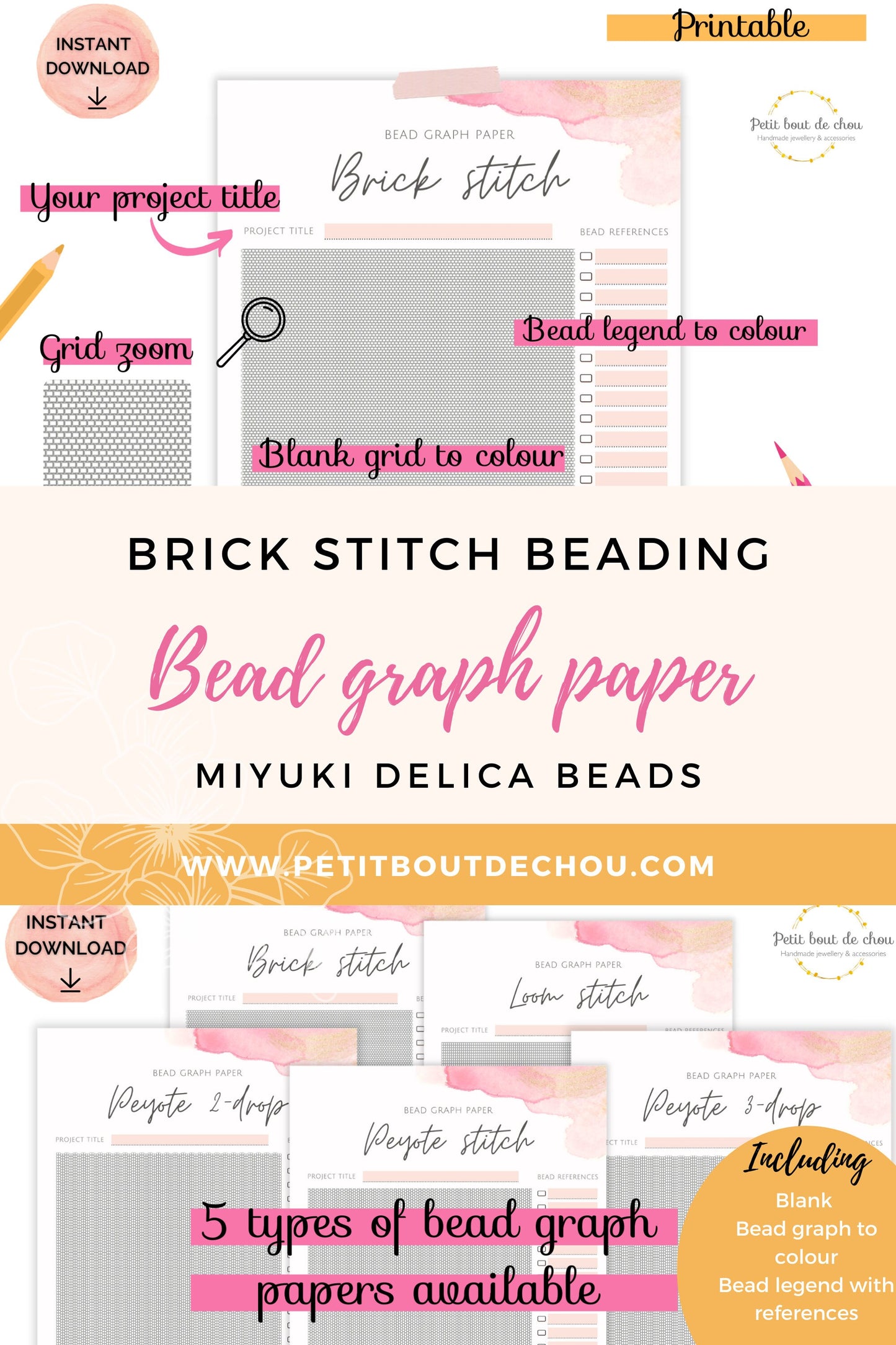Brick stitch bead graph paper/miyuki graph paper/blank bead pattern/beading graph/beading chart/blank templates/printable/diagramme vierge