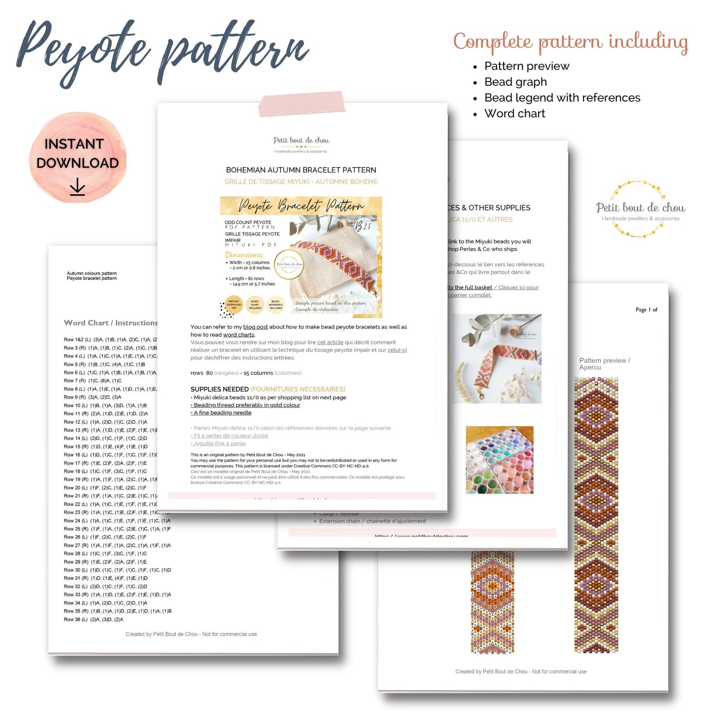 Peyote Miyuki bracelet pattern/peyote pattern bracelet/odd count peyote pattern/bead bracelet pattern/instant download pdf/seed bead pattern