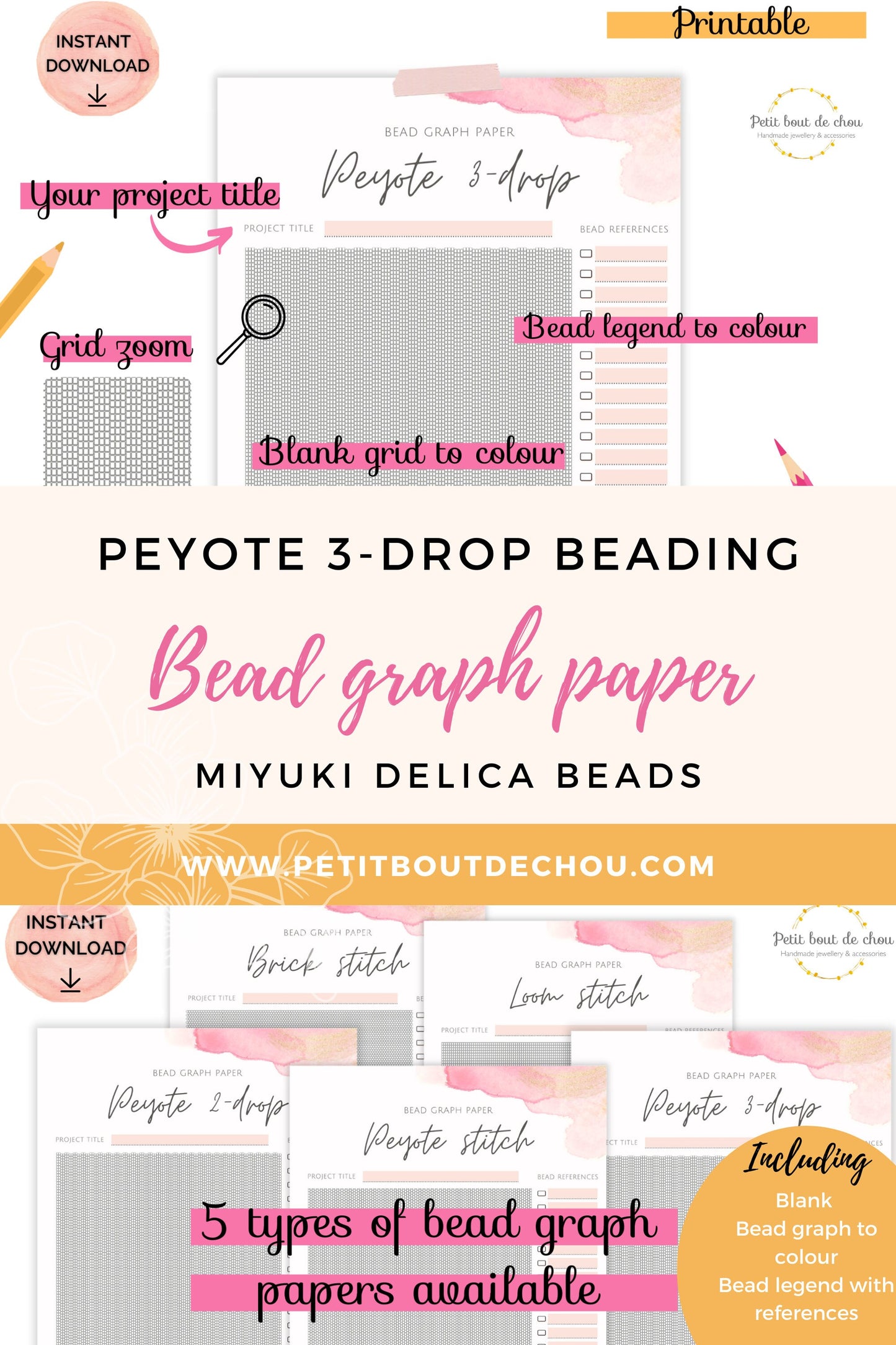 Papier millimétré avec perles de peyote, 3 gouttes/papier millimétré Miyuki/motif de perles blanches/graphique de perles/graphique de perles/modèles vierges/graphique imprimable