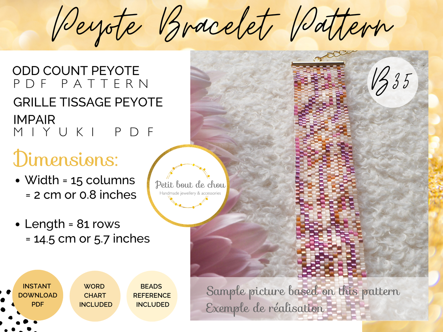 Diagramme PDF Tissage Miyuki Bracelet - Peyote Impair - Salmon Lilac Mix DPH