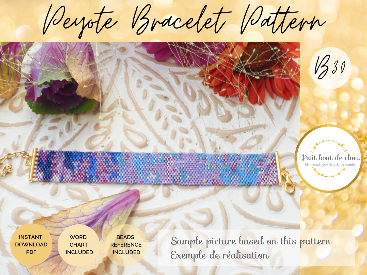 Diagramme PDF Tissage Miyuki Bracelet - Peyote Impair - Purple Nympheas