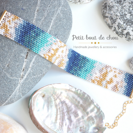 Bracelet en perles Miyuki - Modèle Art Abstrait Bleu Canard et Or
