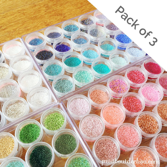 Lot de 3 Boites de rangement perles Miyuki delica avec 24 boites rondes dans chaque boite rectangulaire transparente