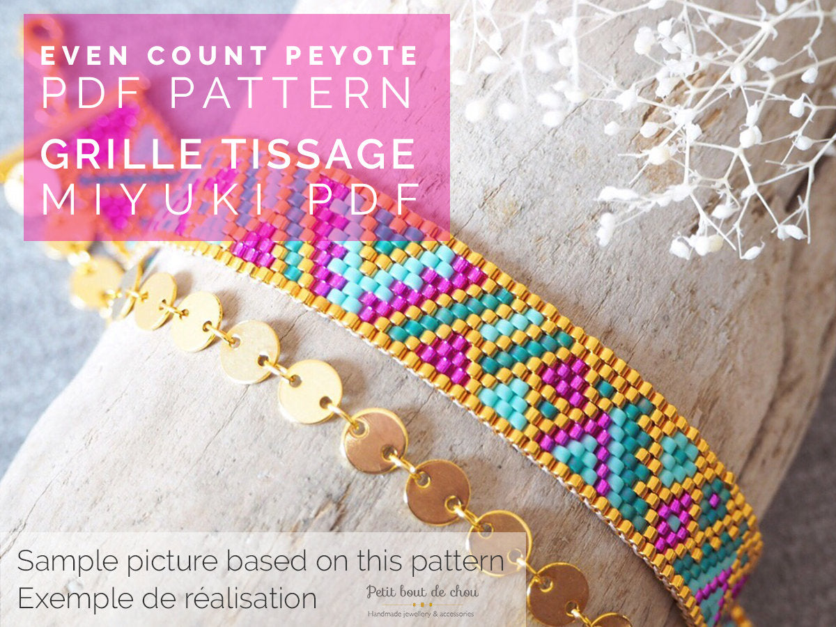 Grille Tissage Miyuki Bracelet - Peyote Pair - Fuchsia Turquoise Or