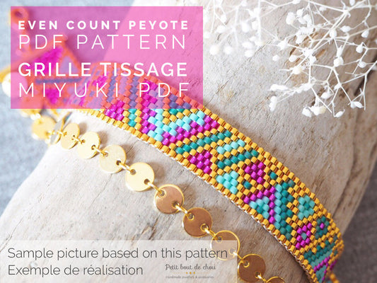 Grille Tissage Miyuki Bracelet - Peyote Pair - Fuchsia Turquoise Or