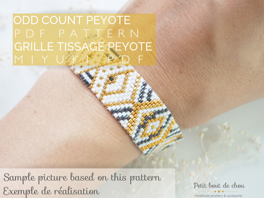 Grille Tissage Miyuki Bracelet - Peyote Impair - Géométrique or noir et blanc