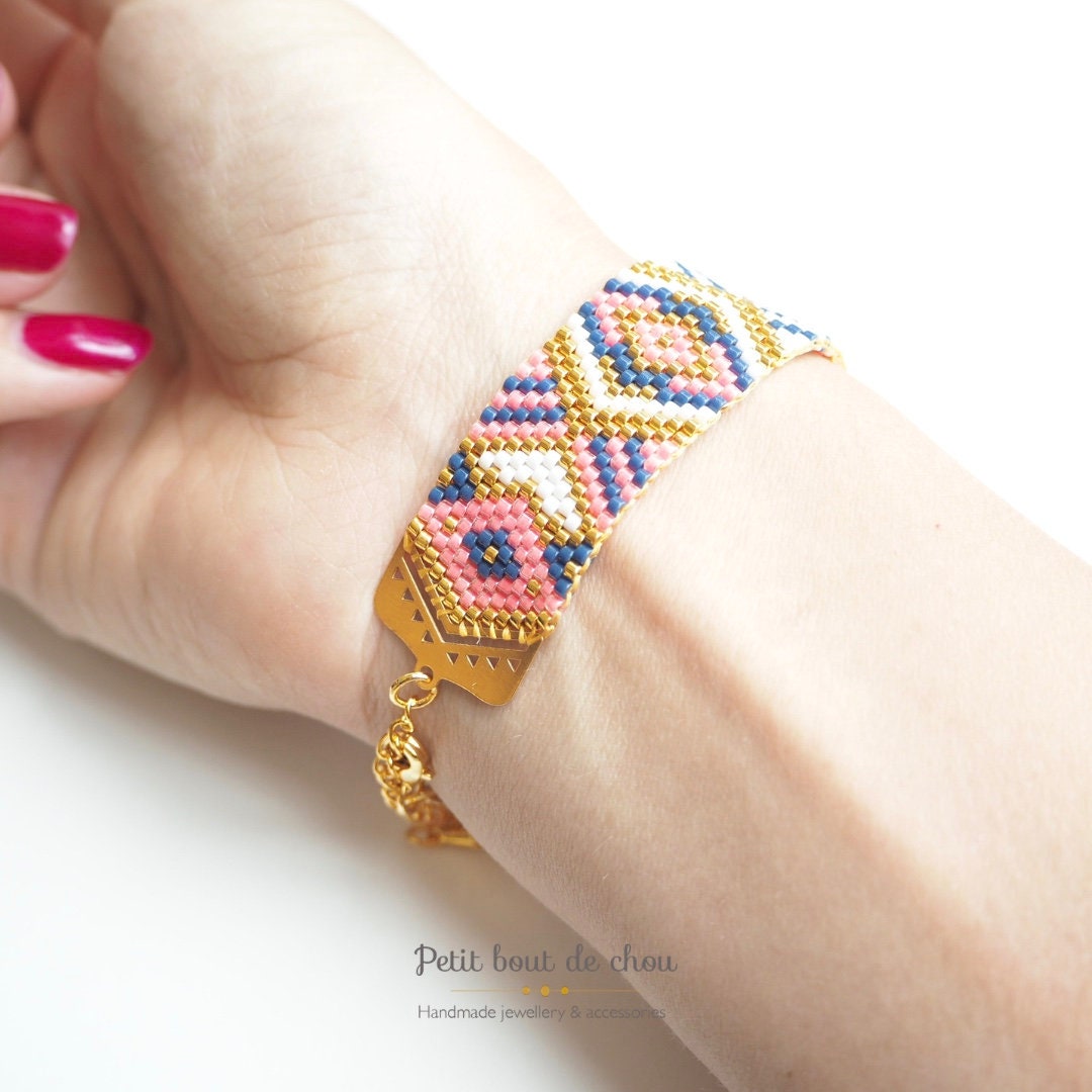 PDF Peyote Bracelet Pattern/Beading grid/odd count peyote bracelet/ Miyuki delica beads/miyuki pattern/geometric pattern/navy pink neon gold