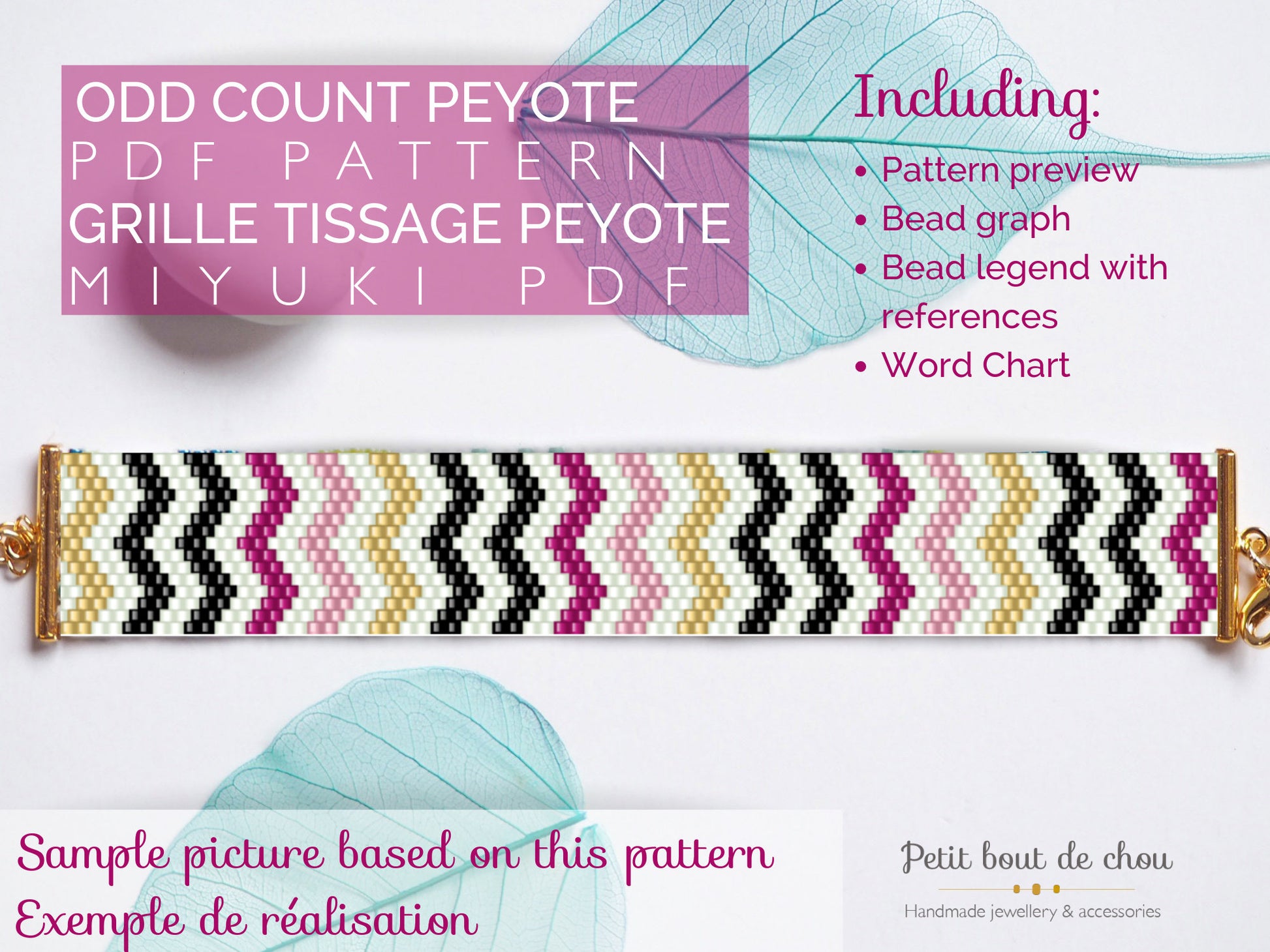 Grille Tissage Miyuki Bracelet - Peyote Impair - Double Chevrons Doré Noir Rose