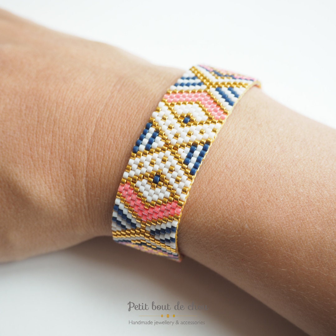 PDF Peyote Bracelet Pattern/Beading grid/odd count peyote bracelet/ Miyuki delica beads/miyuki pattern/geometric pattern/navy pink neon gold