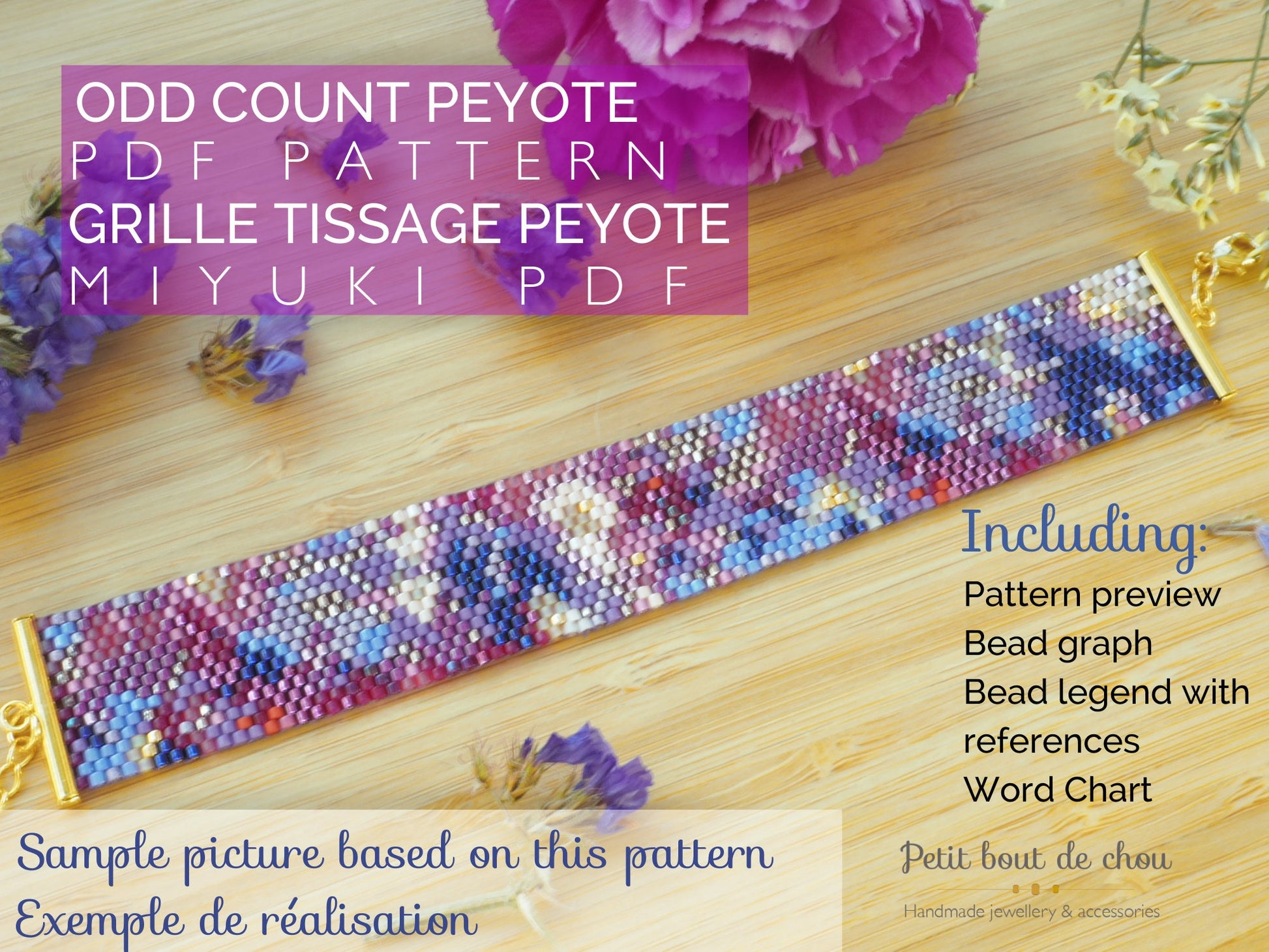 Grille Tissage Miyuki Bracelet - Peyote Impair - Art Abstrait Tons Violets