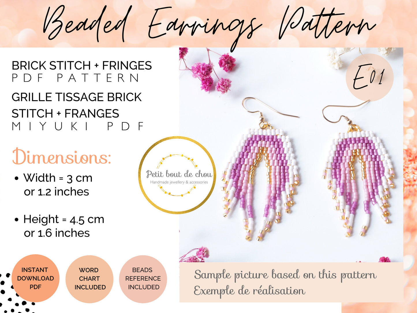 Grille Tissage Miyuki - Brick Stitch avec Franges - Boucles d'Oreilles - Arc en Ciel Rose