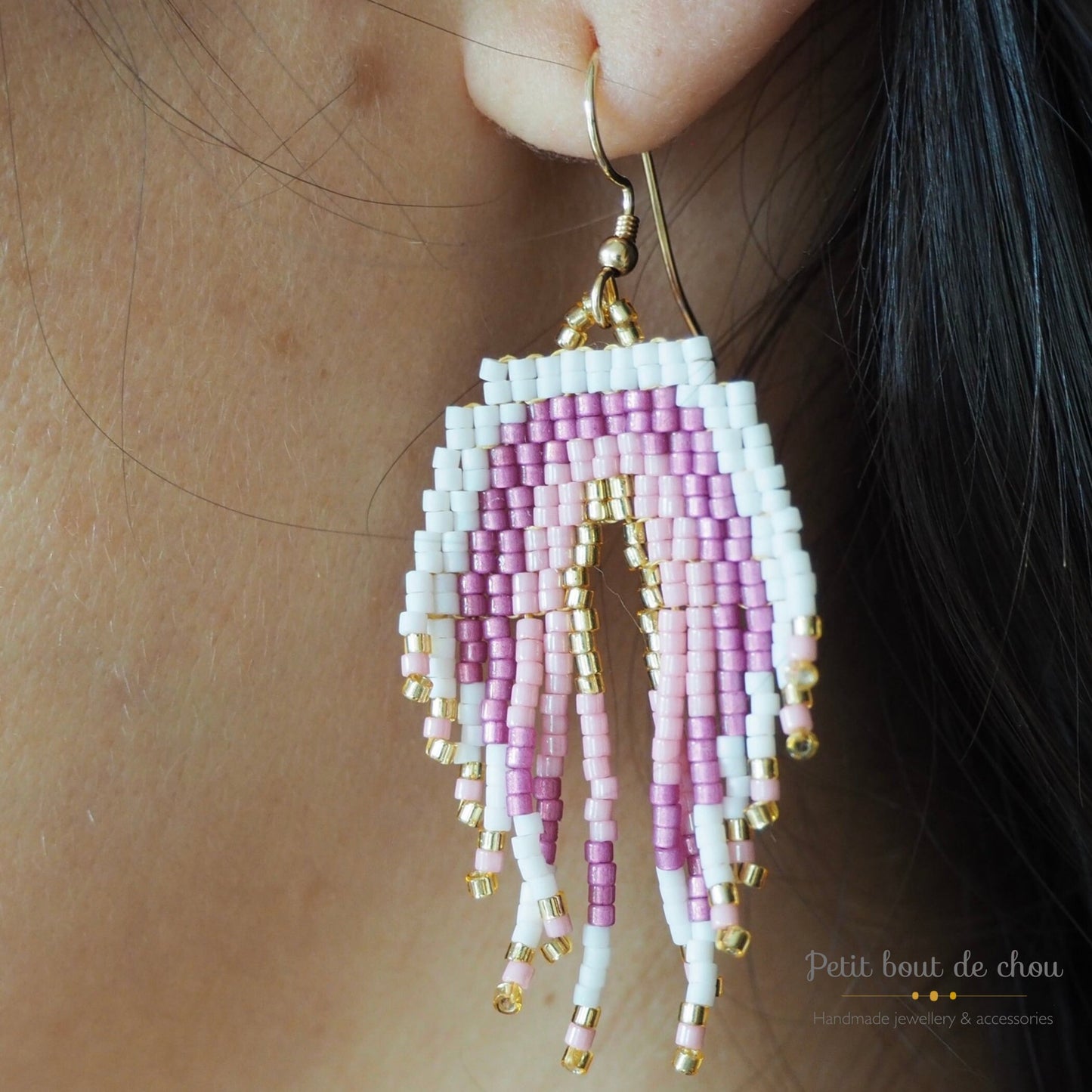 Grille Tissage Miyuki - Brick Stitch avec Franges - Boucles d'Oreilles - Arc en Ciel Rose