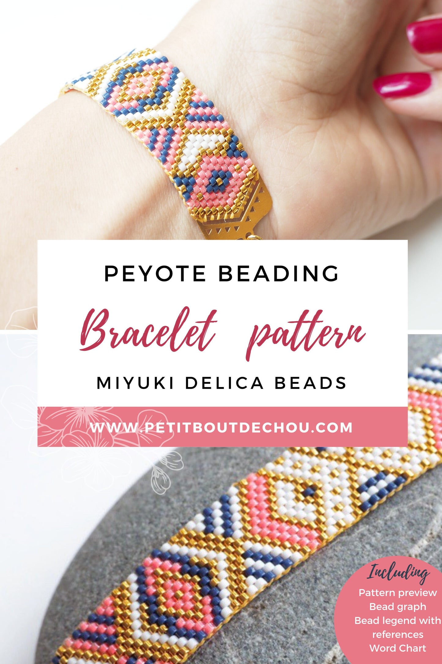 PDF Peyote Bracelet Pattern/Beading grid/odd count peyote bracelet/ Miyuki delica beads/miyuki pattern/geometric pattern/navy pink neon gold