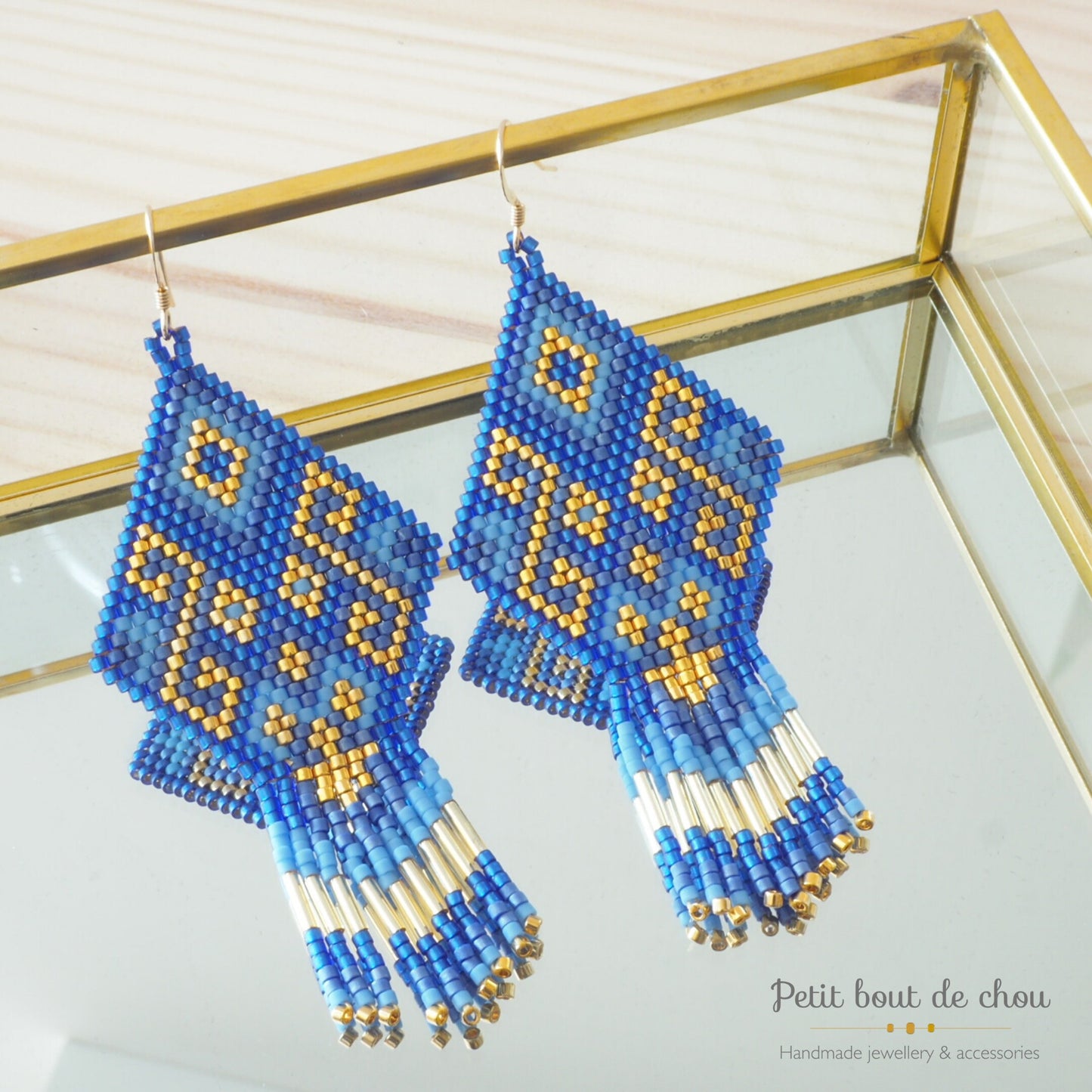 Grille Tissage Miyuki - Brick Stitch avec Franges - Boucles d'Oreilles - Lao Bleu Or