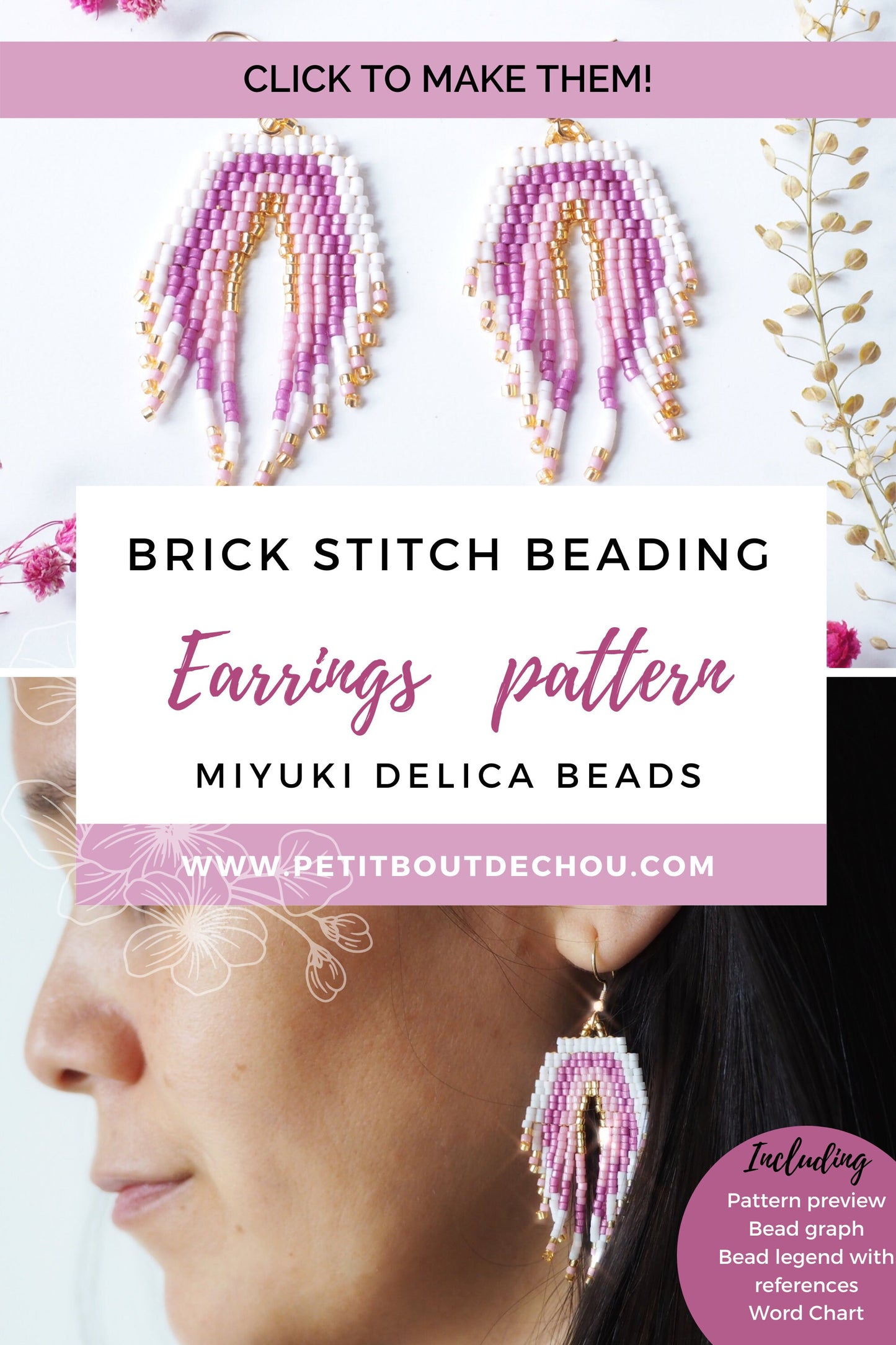 Grille Tissage Miyuki - Brick Stitch avec Franges - Boucles d'Oreilles - Arc en Ciel Rose