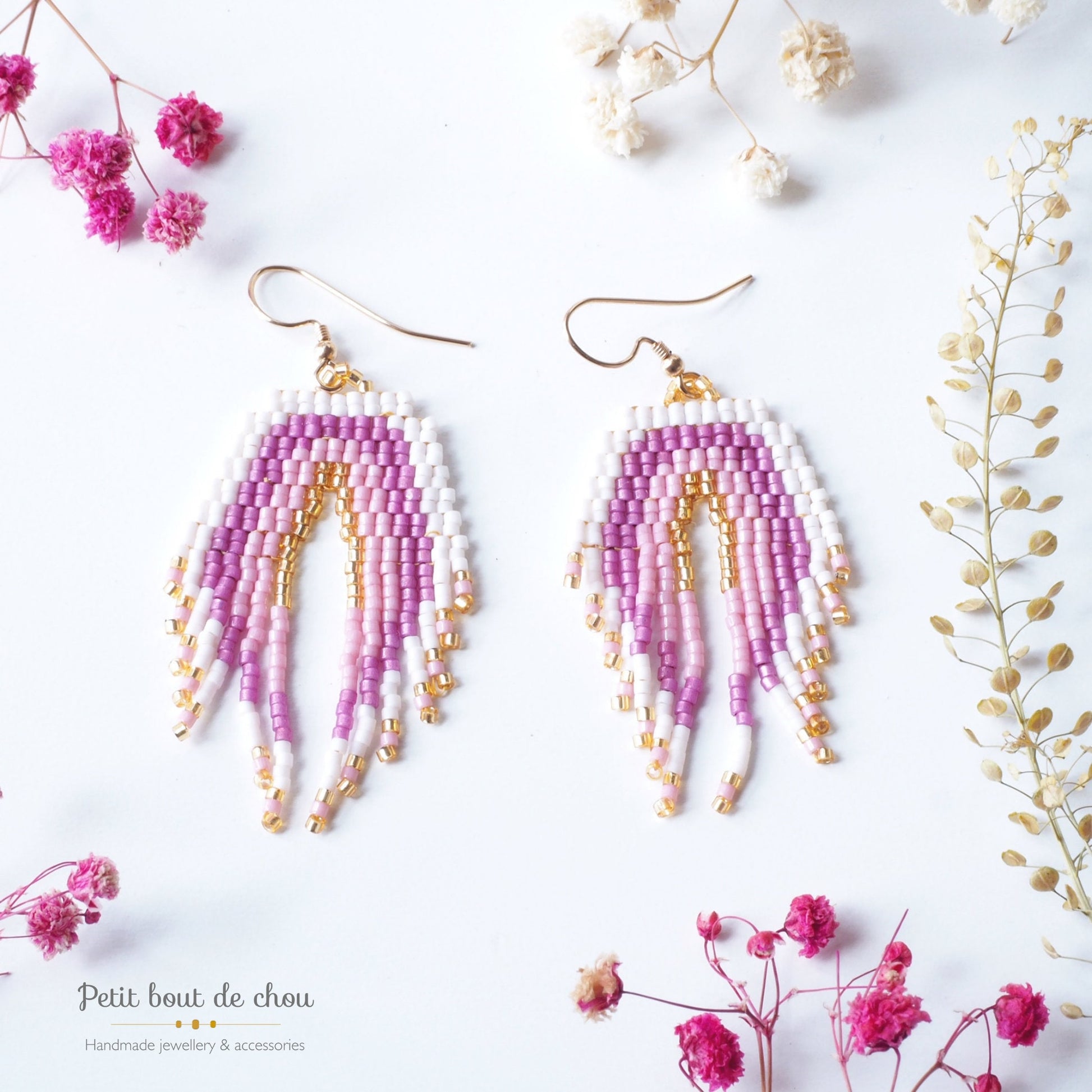 Grille Tissage Miyuki - Brick Stitch avec Franges - Boucles d'Oreilles - Arc en Ciel Rose