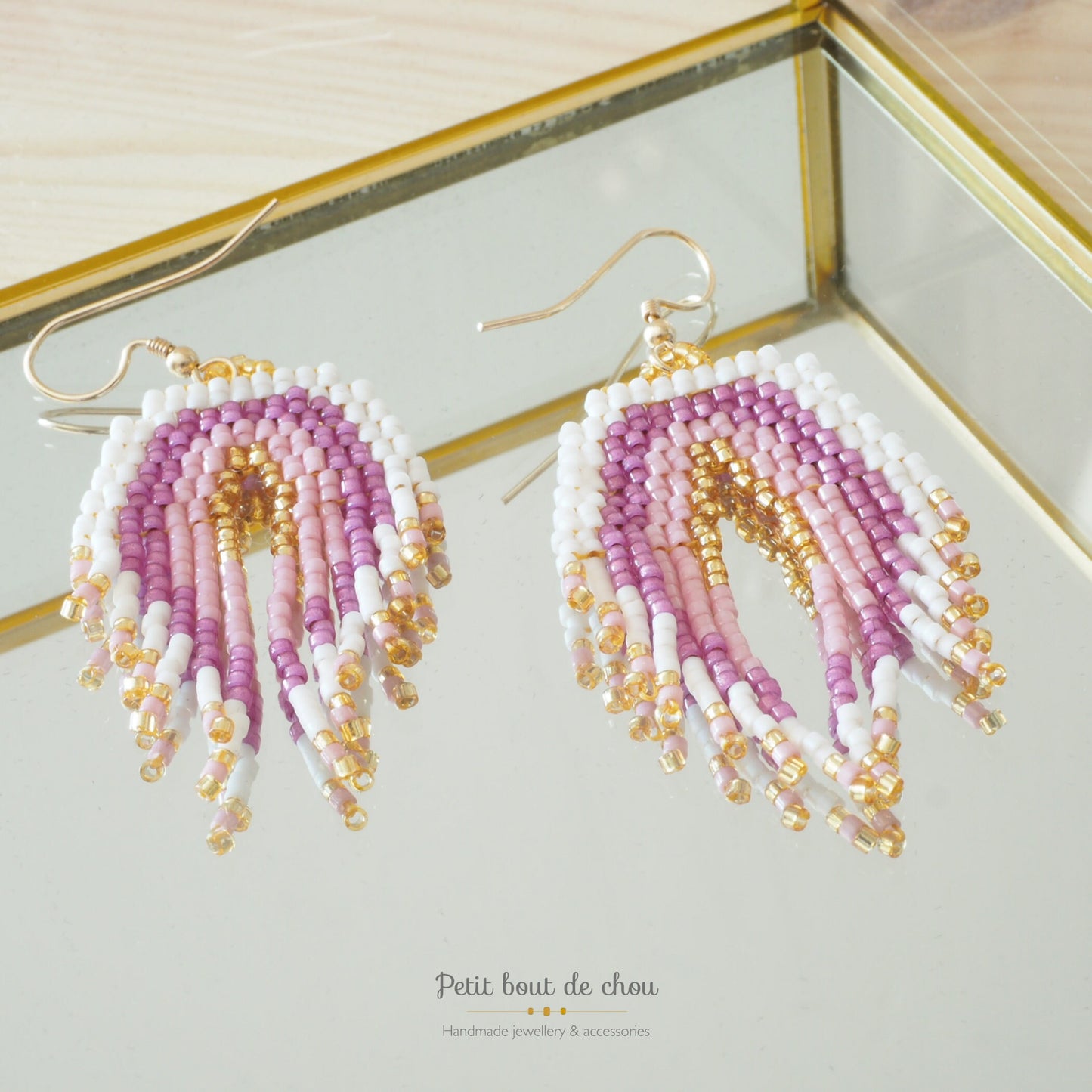 Grille Tissage Miyuki - Brick Stitch avec Franges - Boucles d'Oreilles - Arc en Ciel Rose