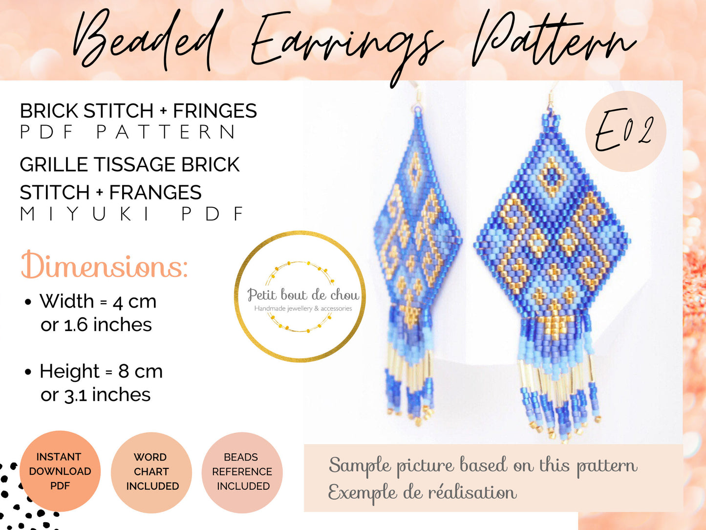 Grille Tissage Miyuki - Brick Stitch avec Franges - Boucles d'Oreilles - Lao Bleu Or