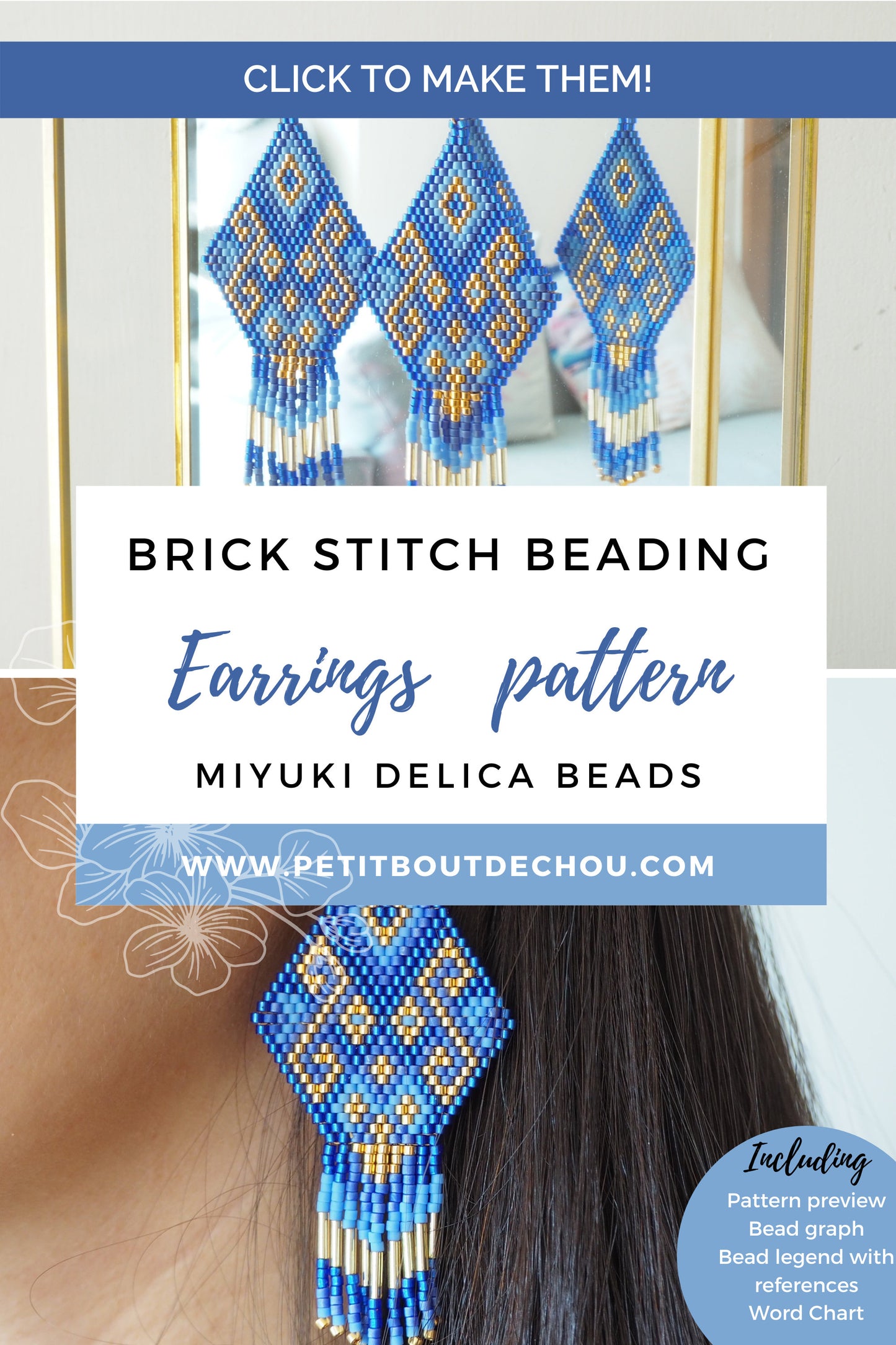 Grille Tissage Miyuki - Brick Stitch avec Franges - Boucles d'Oreilles - Lao Bleu Or