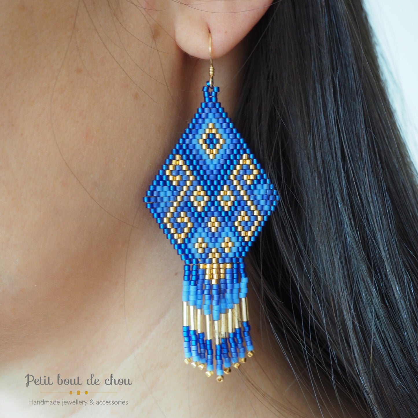 Grille Tissage Miyuki - Brick Stitch avec Franges - Boucles d'Oreilles - Lao Bleu Or