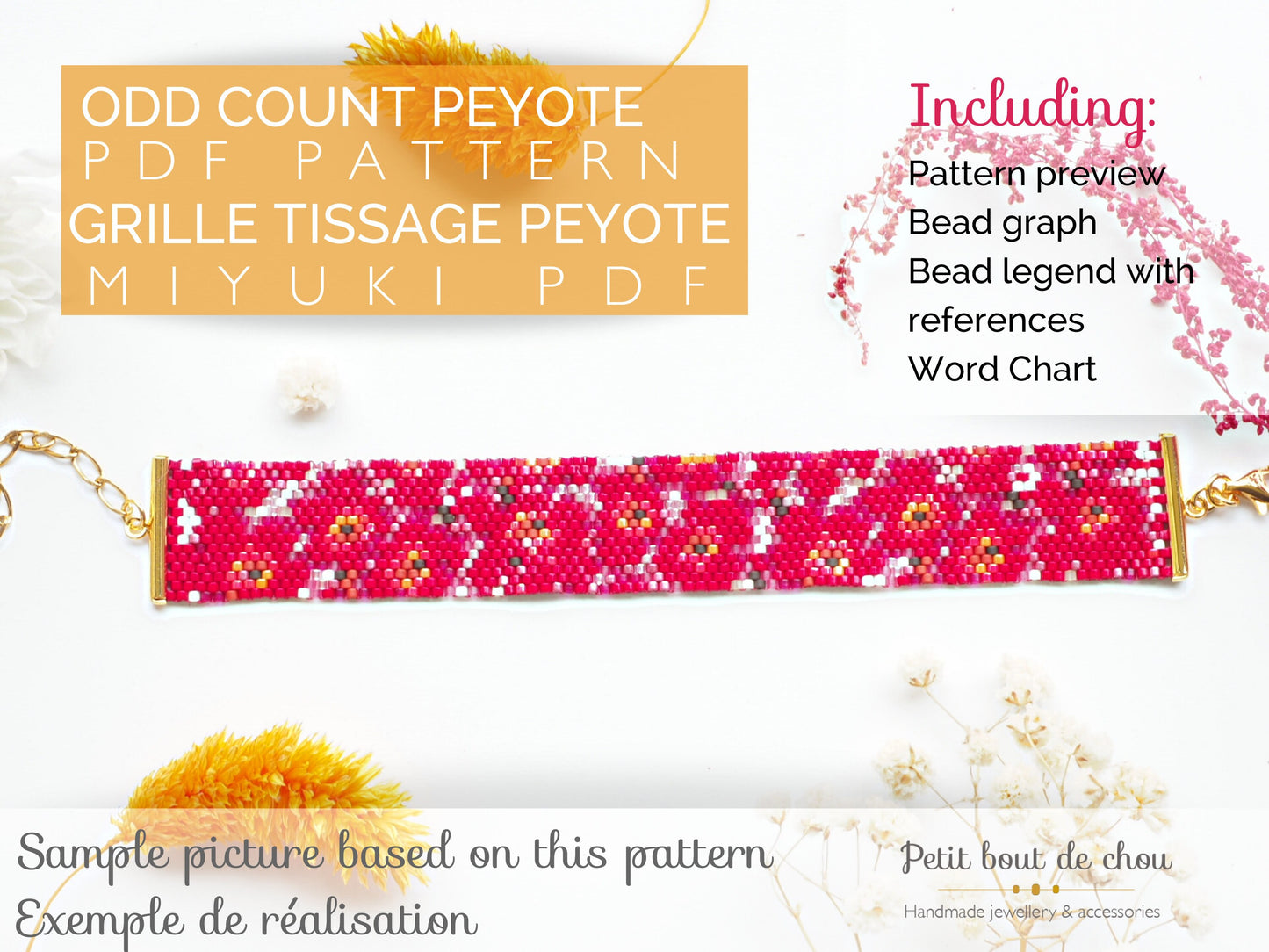 Grille de tissage Miyuki bracelet peyote impair - Coquelicots